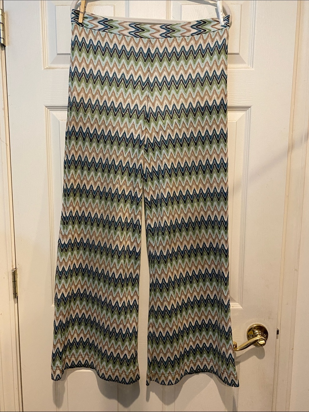 Free People Zigzag Wide-Leg Knit Pants in Blue, Green & Cream